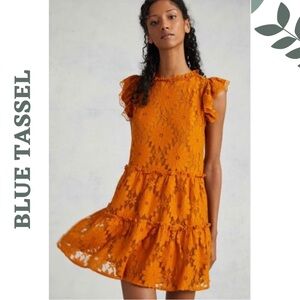 Anthropologie Blue Tassel Lace Dress 2X Rust Orange Ruffle Boho